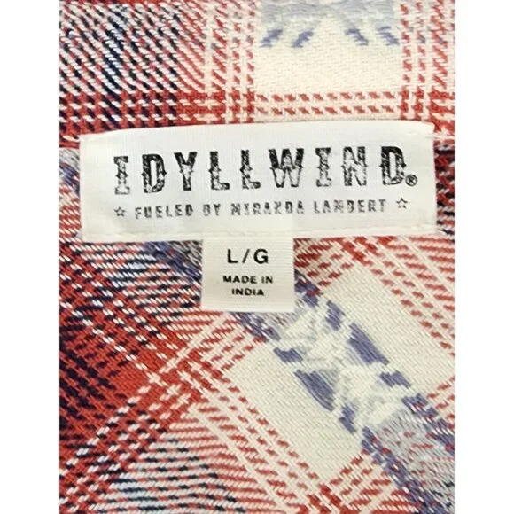 Idyll Wind Shirt Womens Large Red Cream Plaid Flannel Beaded Fringed Western Top - Picture 3 of 14